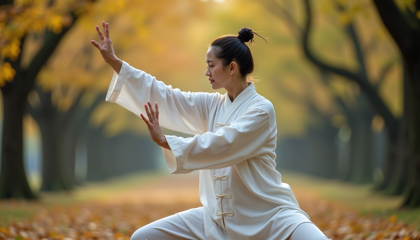 Close-up view of a tai chi practitioner performing a slow, flowing movement outdoors