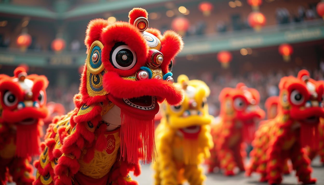 Eye-level view of a traditional lion dance performance on a decorated stage