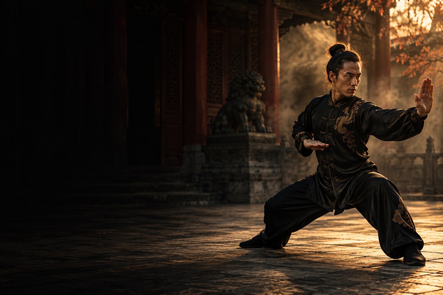 Martial artist practicing an open-palm stance in a traditional courtyard